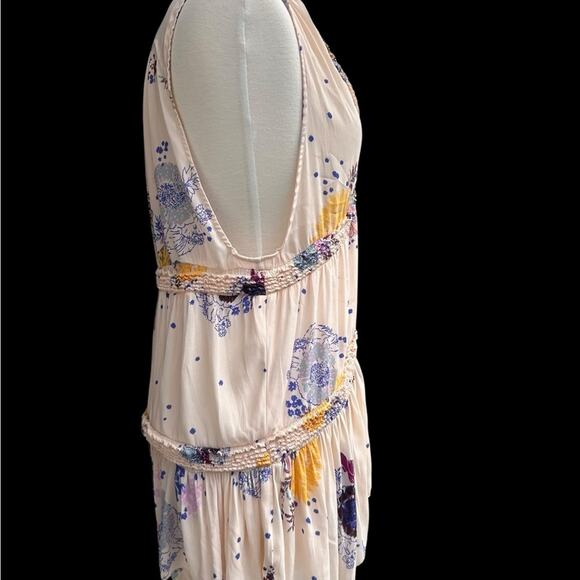 Free People Size Medium Powder Pink Floral Tiered Ruched Trim Empire Waist Tunic - Picture 4 of 13